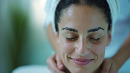 A calm and content woman with her eyes closed enjoys a soothing facial and neck massage, capturing a moment of relaxation and tranquillity in a serene setting.