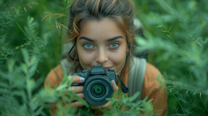 A young woman crouches in a lush green field, her eyes sparkling as she captures nature through her camera lens.