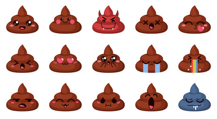 Funny poop emoticons. Kawaii stickers with different faces, excrement cute comic characters, twisted turd, happy poo and angry fecal mascot, various mood, cartoon flat isolated, tidy vector set