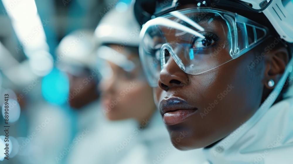 Poster scientists in protective gear conducting a lab experiment, focusing on their tasks in a high-tech an