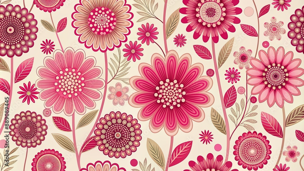 Poster vibrant pink retro flowers sprawl across a soft, creamy background, creating a whimsical and feminin