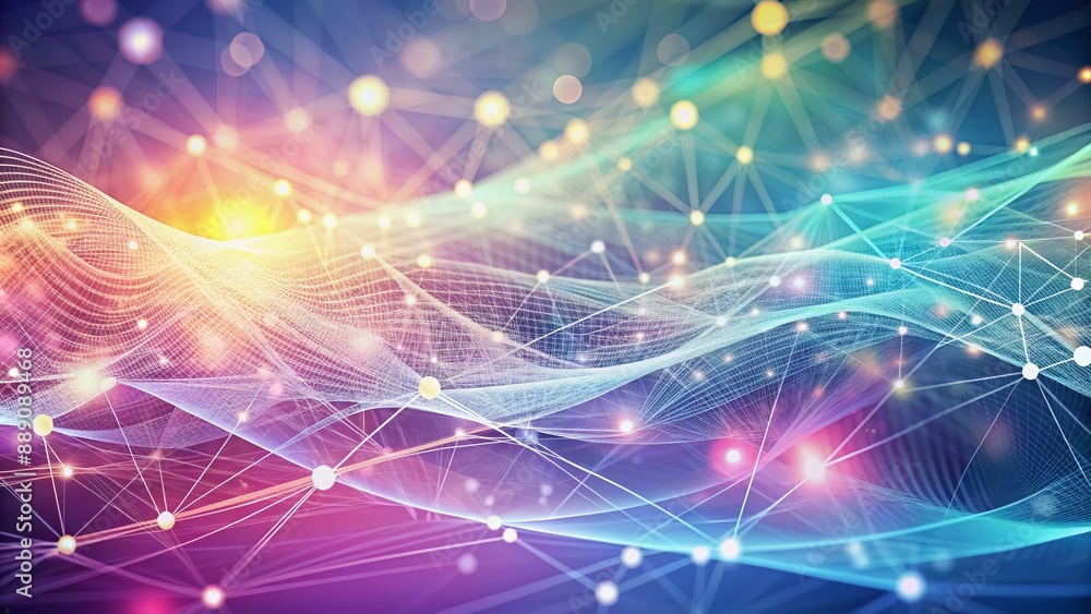 Aufkleber soft pastel hues backdrop features wavy network of dots and interconnected threads, evoking a sense 