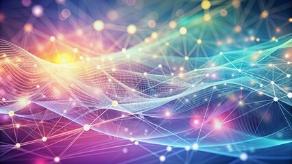 Obraz premium Soft pastel hues backdrop features wavy network of dots and interconnected threads, evoking a sense of futuristic cyberspace, data flow, and virtual realms.