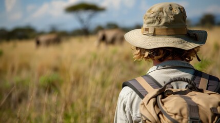 An explorer with a hat and backpack looks forward at safari tents in the vast African savanna, capturing the adventurous spirit and beauty of the wilderness.