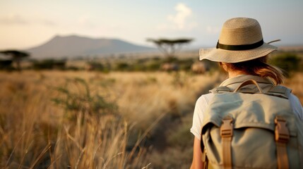 A traveler wearing a hat and backpack stands observing the African wildlife in the vast, golden savanna, capturing an inspiring moment in the wild.