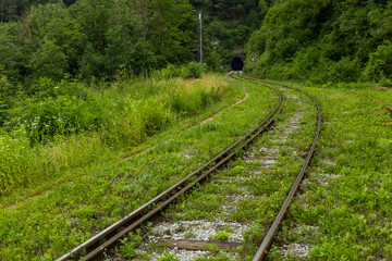 Railroad tracks, tunnel with train tracks, railway signs, ancient railway crossing, vintage train, curved lines.
