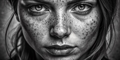 Intricate freckles on a smooth canvas, delicate lines and subtle shading evoke a sense of understated beauty, frozen in a stunning monochrome close-up portrait.