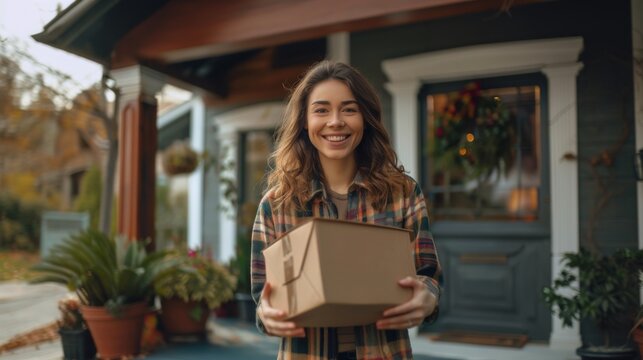 Smiling Woman Holding a Cardboard Box in Front of a Cozy House with Autumn Decorations
