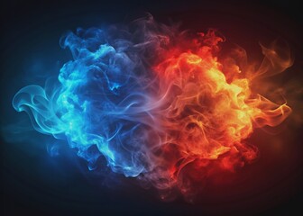 Fototapeta premium Vibrant blue and red smoke clouds clash on a dark vector background, evoking a neon flame effect, conveying contrasting cold and hot energies in a competitive atmosphere.