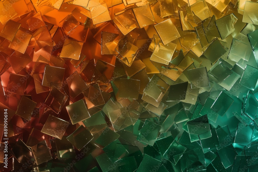 Poster shiny metallic confetti in green and orange hues create a captivating abstract background for festiv