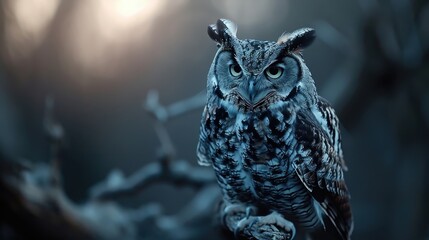 An owl sits on a branch in a dimly lit setting, projecting a mysterious and enigmatic aura. The muted lighting adds to the overall nocturnal, eerie, and captivating ambiance.