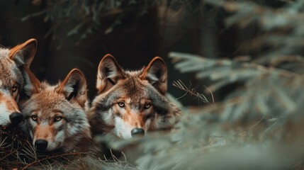 Fototapeta premium This evocative image shows three wolves peering through dense foliage in a forest, embodying their wild nature and collective awareness in a natural habitat during the day.