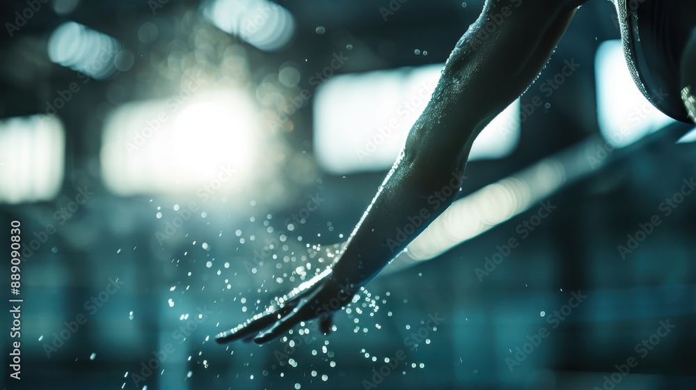 Poster a close-up of a hand reaching into water, capturing the dynamic motion with splashes and droplets, h