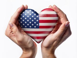 Patriotic symbolism unfolds with gentle hands forming a heart shape around a waving American flag on a clean white background, conveying love and pride.
