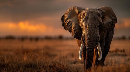 Obraz premium An imposing elephant strides through a grassland at golden hour, bathed in the warm light of sunset, illustrating the majestic presence of one of nature's iconic giants.