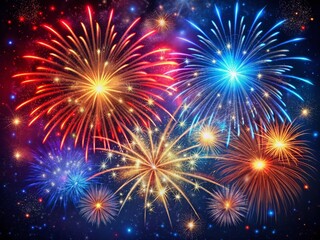 Vibrant hand-drawn fireworks explode in a starry night sky, bursts of red and blue sparks radiating outward in a mesmerizing display of color and energy.
