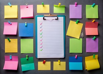 Vibrant sticky notes in various colors and shapes scattered on black background, accompanied by blank note paper and a checklist template awaiting creative input.