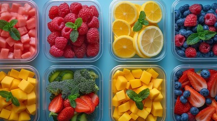 Fresh, vibrant fruits in containers form a colorful mosaic of healthy eating choices.