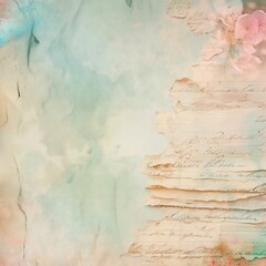 Naklejka premium Vintage Torn Paper with Handwritten Notes and Pink Flowers, Pastel Background with Copy Space