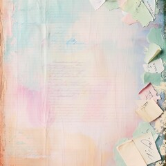 Pastel Watercolor Background with Torn Paper and Handwritten Notes, Soft Colors with Copy Space