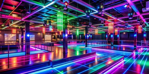 Vibrant neon lights illuminate an empty and spacious nightclub with a polished dance floor, providing ample copy space for customization and manipulation possibilities.
