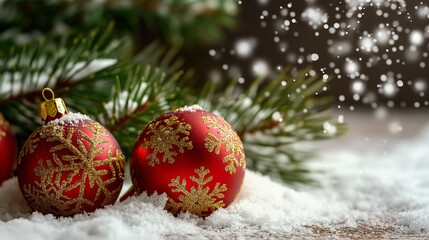 Glistening red ornaments with golden snowflake patterns nestle among fresh green pine needles, dusted with sparkling snow.