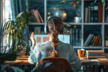 An online teacher conducting a virtual class from a home office. The teacher is using a laptop with a headset, interacting with students displayed on the screen. The background shows a neat and