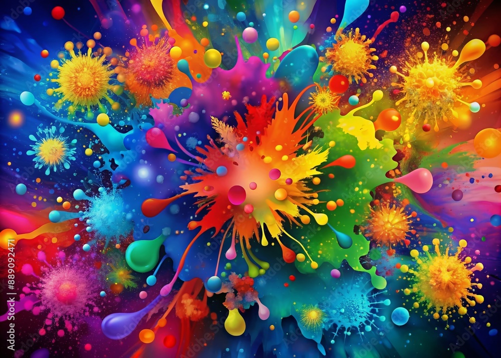 Poster vibrant abstract background featuring colorful splashes of paint in various shapes and sizes, perfec