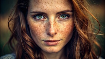 A close-up portrait of a woman with brown hair and freckles, staring intensely into the camera with mesmerizing eyes, capturing natural beauty and emotion.