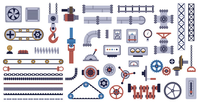 Cartoon steel machine parts. Mechanical details and technical mechanisms, buttons, metal gears and levers, robots components, nowaday vector isolated flat engineering industrial equipment set