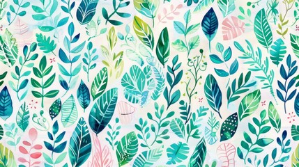 Watercolor Green Leaf Seamless Pattern.