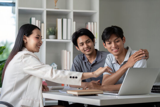 Happy Gay Couple Planning Finances with Financial Advisor at Home Office, Discussing Budget and Investments