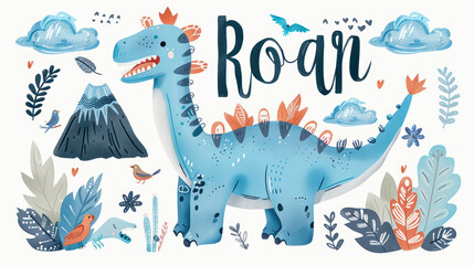 Cute blue dinosaur with plants, birds, and a volcano. "Roar" lettering. Image for kids' books, cards, posters, games, shirts, stickers, and fabrics.