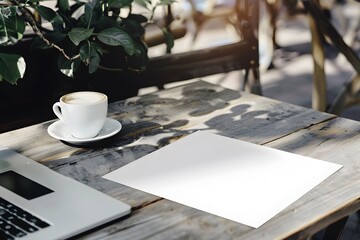 Mockup of a blank flyer on a café table with a cup of coffee and a laptop