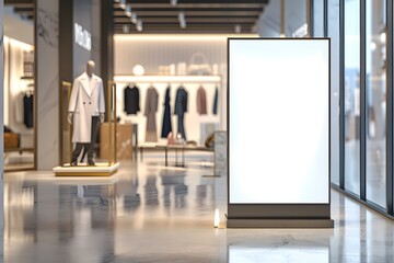 Mockup of a blank digital display in a high-end retail store with chic clothing and accessories in the background