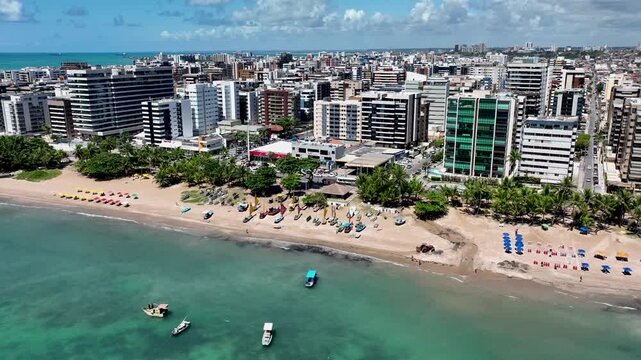 Ponta Verde Beach At Maceio Alagoas Brazil. Stunning Tropical Coastline Beach Scene Viewed From Above. Shore Sky Beach Sea. Outside Beach Scenic Coastline. Maceio Alagoas.