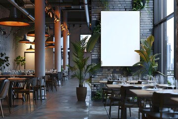 Mockup of a blank restaurant signboard in a trendy, high-end dining area