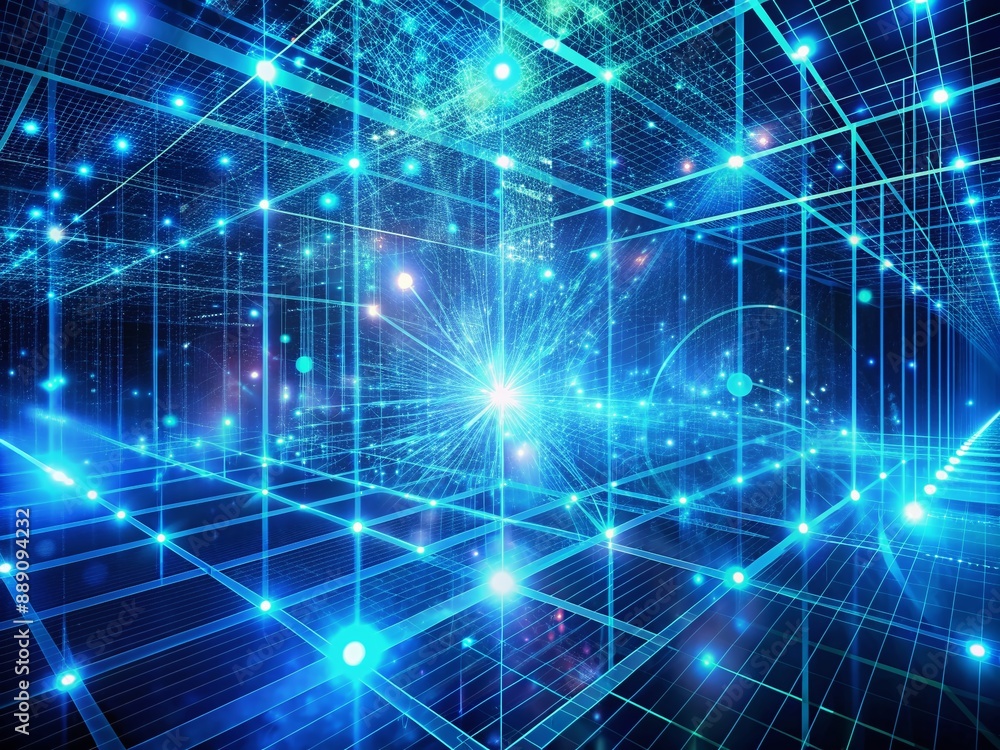 Poster vibrant blue futuristic digital cyberspace background with neon grid matrix, swirling algorithms, an