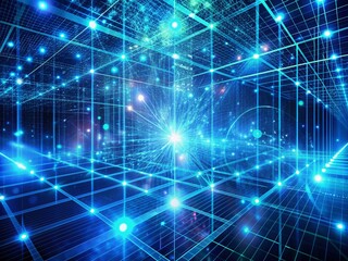Fototapeta premium Vibrant blue futuristic digital cyberspace background with neon grid matrix, swirling algorithms, and geometric shapes, representing AI-driven big data visualization in a 3D rendered abstract.