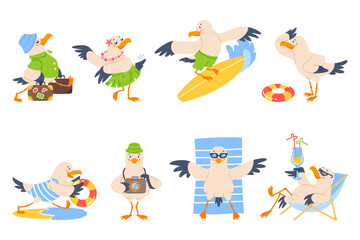 Cartoon funny seagull character. Nautical bird different poses and actions, travel agency cute mascot, summer marine vacation, seabird surfing and relax on beach, sea adventure, vector set
