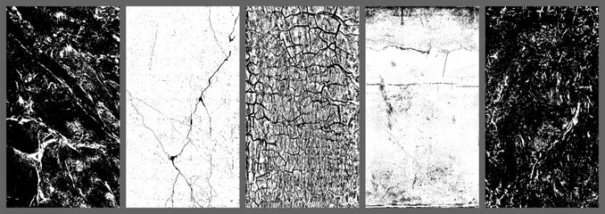 Black and white grunge. Distress overlay texture. Abstract surface dust and rough dirty wall background concept. Worn, torn, weathered effect. Set vector illustration, EPS 10.