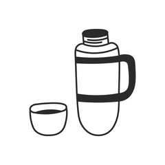 Thermos Doodle Line Icon Symbol. Hand drawn camping equipment for hot drink. Isolated vector illustration