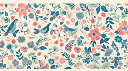 Watercolor Floral Pattern with Birds.