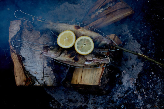 Fresh fish grilled over a wood fire with lemon slices on a metal grate, against a smokey dark background.