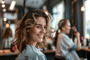 Hairdresser salon room interior, hair specialist making hairdo hairstyle to client, Generative AI