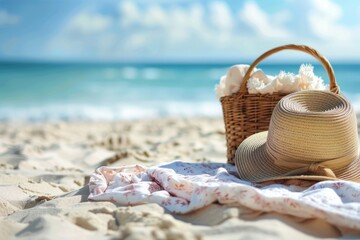 Idyllic Beach Picnic Scene with Straw Hat and Basket