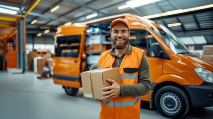 Smiling Delivery Worker Holding Package in Warehouse with Orange Delivery Van in Background