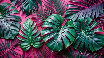 Vibrant pink tropical background featuring lush palm leaves and a majestic monstera leaf, perfect for adding a touch of exotic elegance to home decor and designs.
