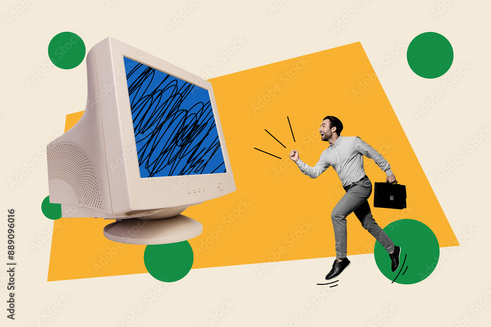Poster collage 3d image of pinup pop retro sketch of running man career achieve dream trading computer moni
