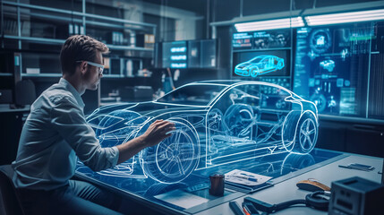 In the modern hightech world, engineers use augmented reality to creatively design futuristic cars, showcasing innovation and cuttingedge technology